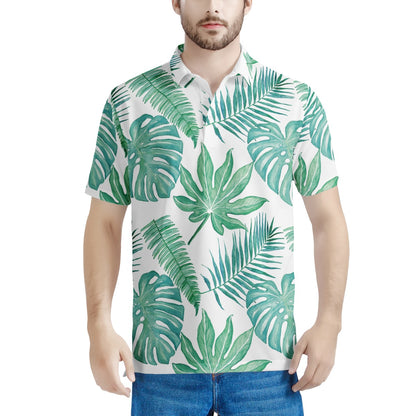 Palm and Monstera Leaf Green  Men's Aloha Polo Shirt