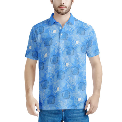 Blue Seashell Ocean Men's Aloha Polo Shirt