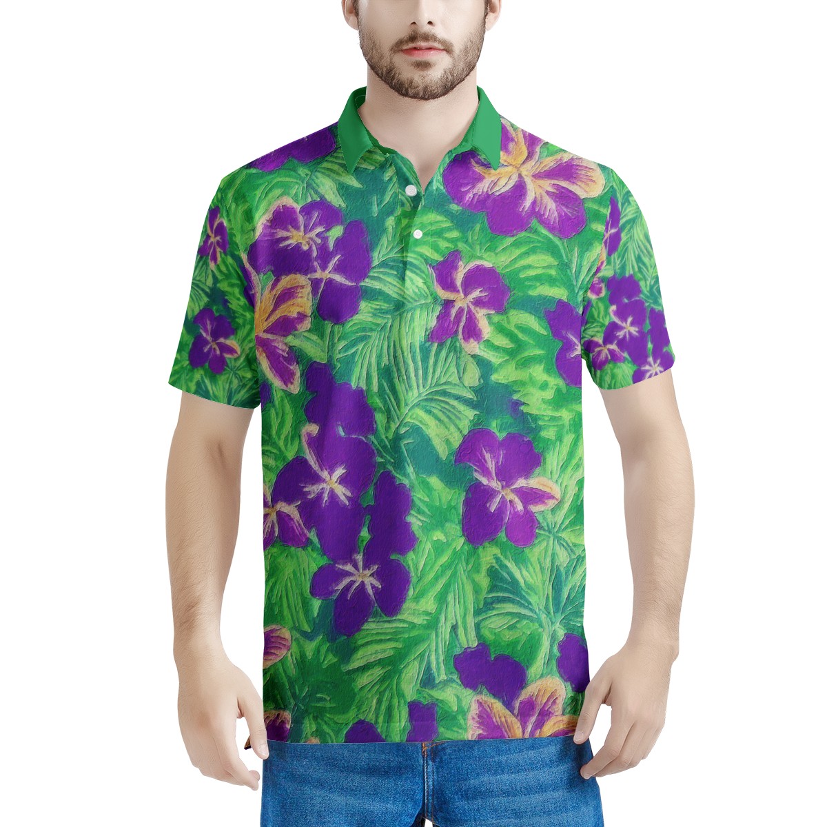 Blue Flag Iris on Green Men's All Over Print Polo Shirt - Luxtrini, LLC