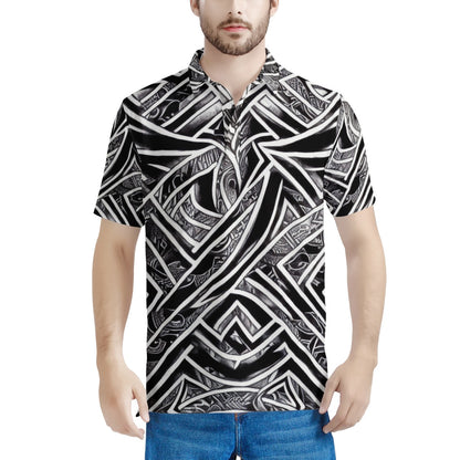 Black and White Polynesian Men's All Over Print Polo Shirt