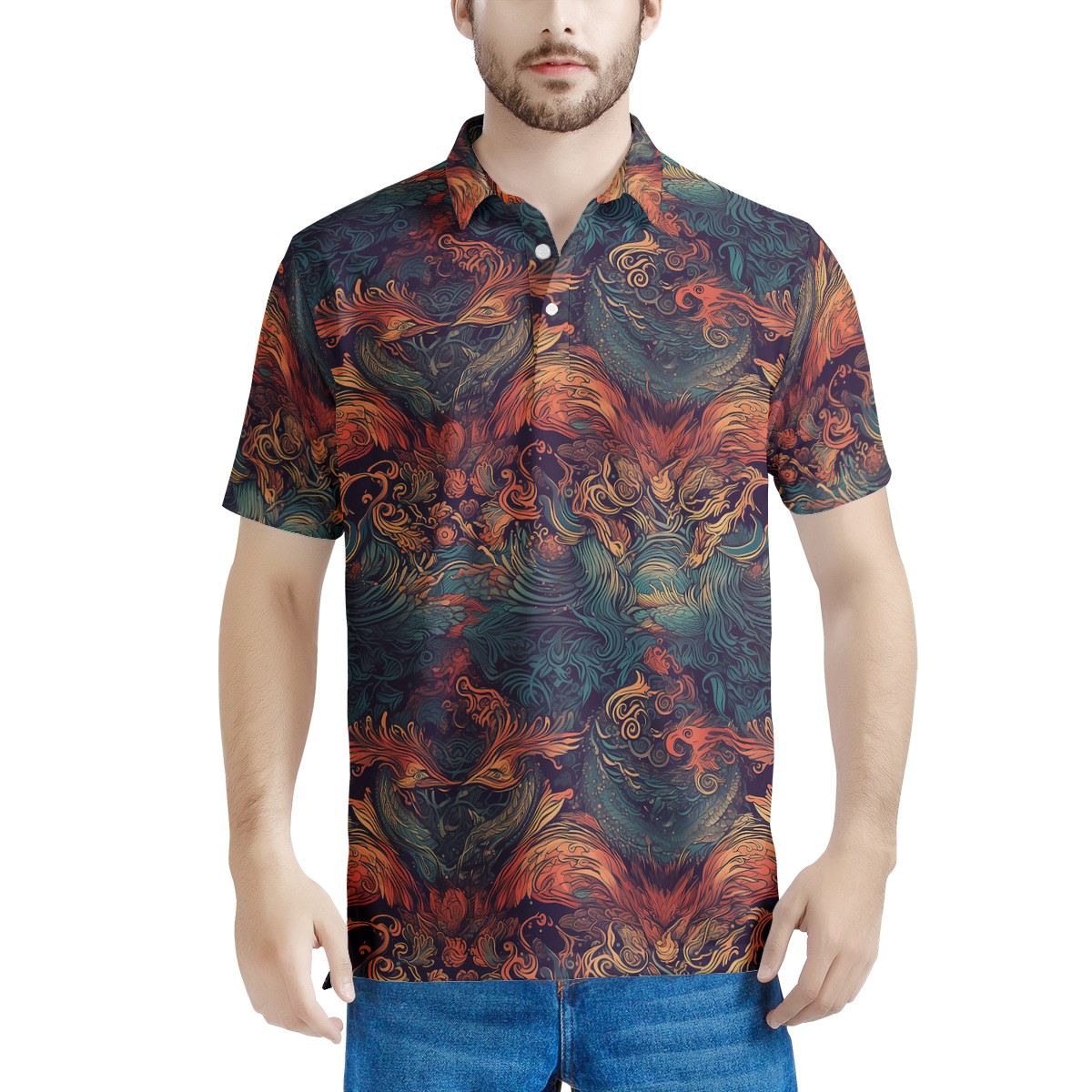 Majestic Dragon and Ethereal Phoenix Men's All Over Print Polo Shirt