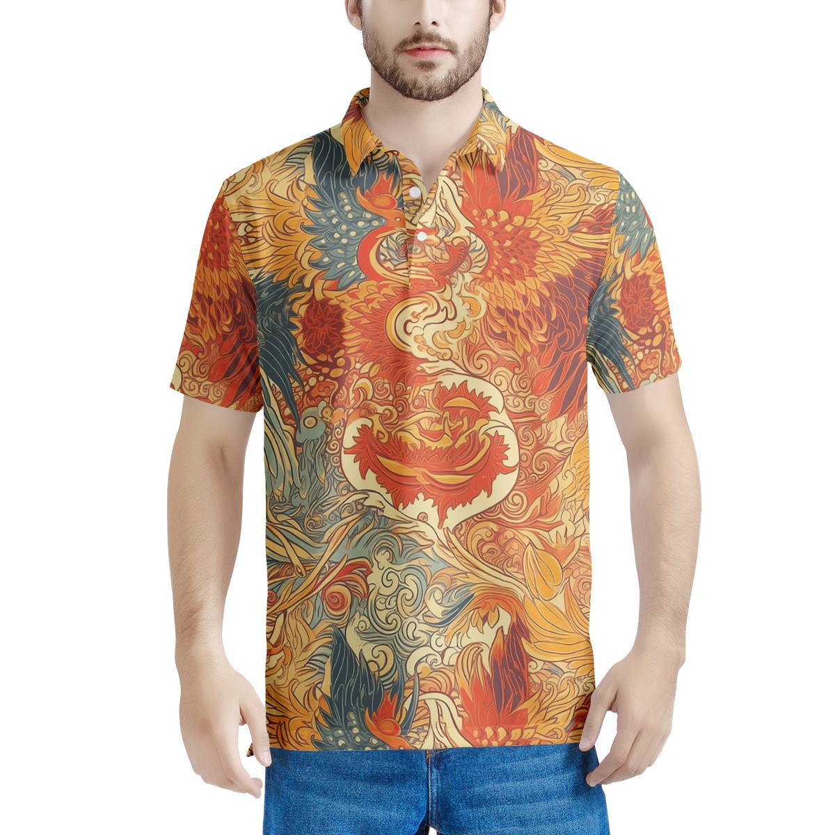 Experience the magic of ancient Chinese mythology with our exquisite Dragon and Phoenix Men's All Over Print Polo Shirt