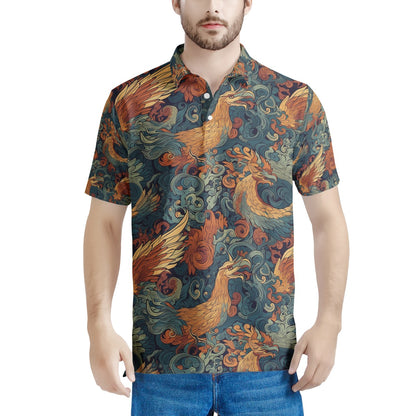 The Dragon and Phoenix are a harmonious duo, representing a balance of power and grace. Men's All Over Print Polo Shirt