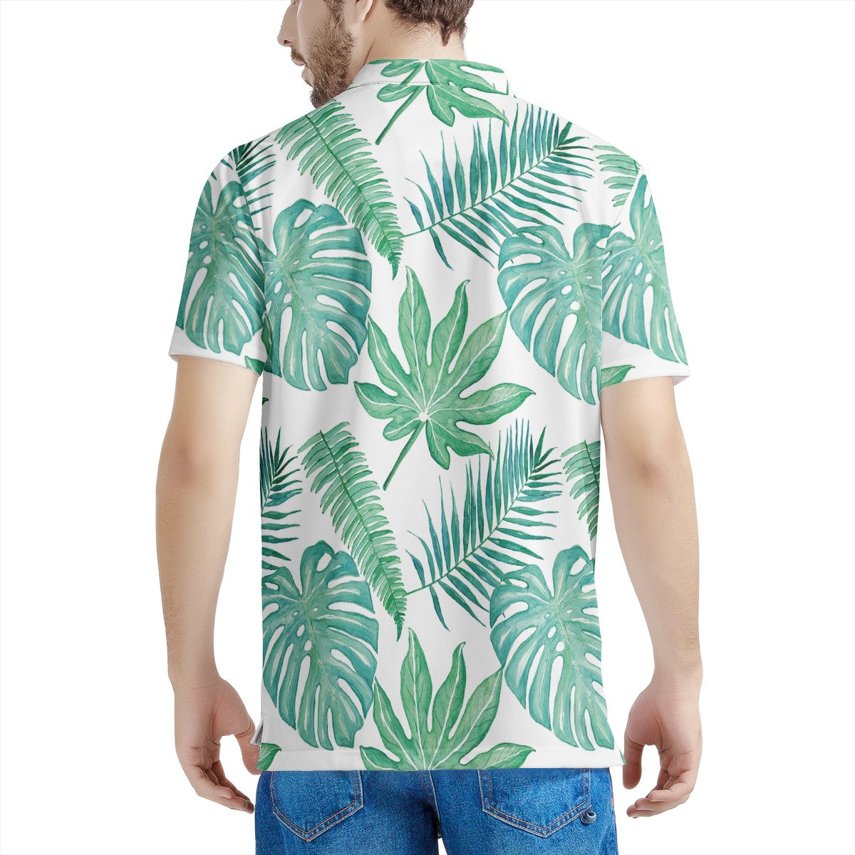 Palm and Monstera Leaf Green  Men's Aloha Polo Shirt