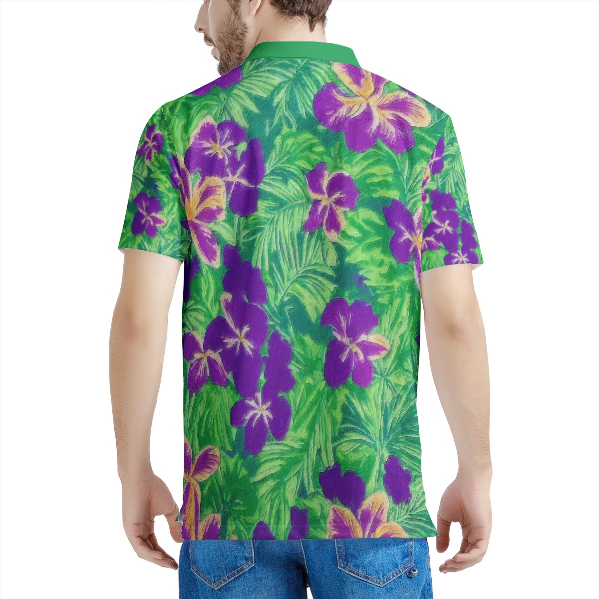 Blue Flag Iris on Green Men's All Over Print Polo Shirt - Luxtrini, LLC