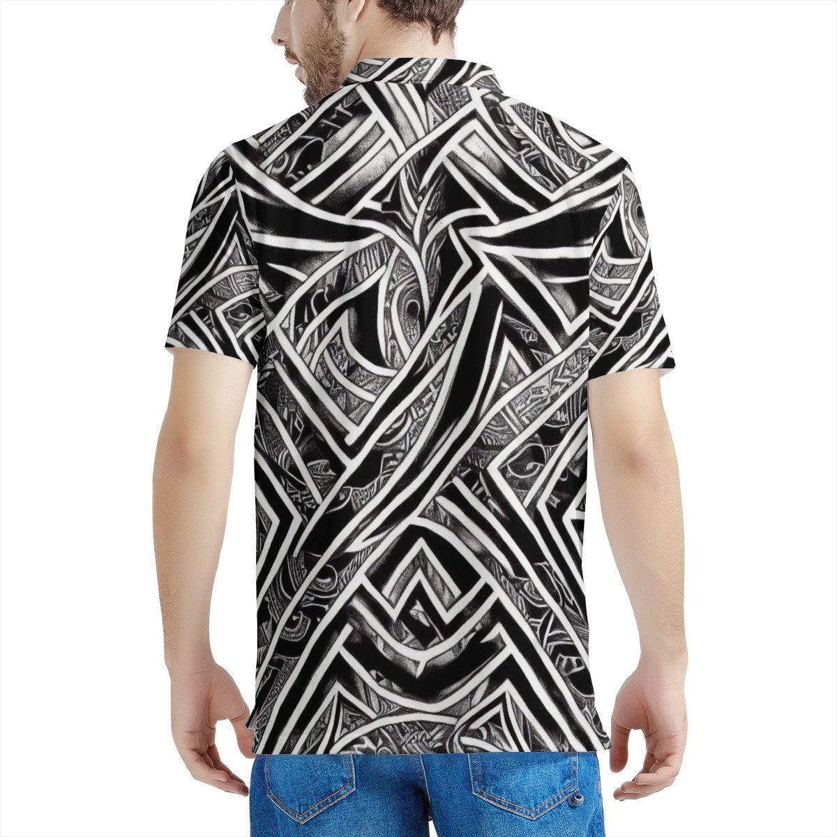 Black and White Polynesian Men's All Over Print Polo Shirt