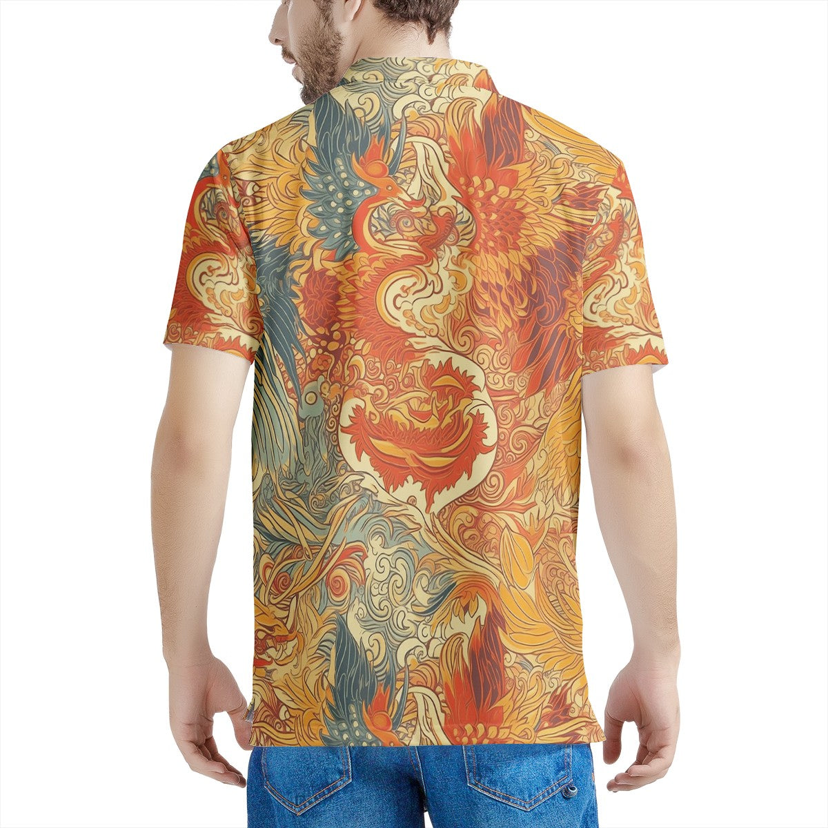 Experience the magic of ancient Chinese mythology with our exquisite Dragon and Phoenix Men's All Over Print Polo Shirt