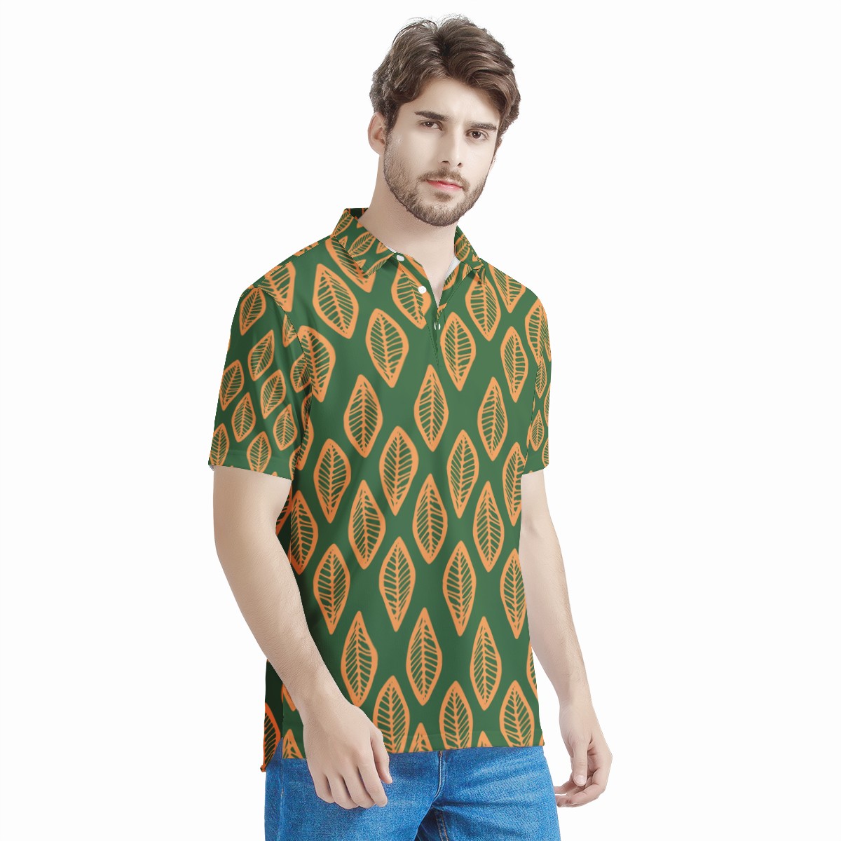 African | Ethnic | Mudcloth | #16 Green and Orange Men's Aloha Polo Shirt