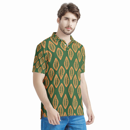 African | Ethnic | Mudcloth | #16 Green and Orange Men's Aloha Polo Shirt