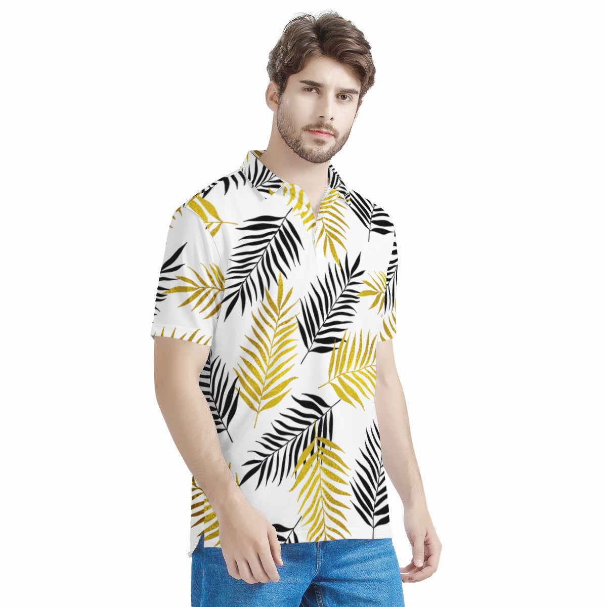 Black and Gold Palm Branches Men's Aloha Polo Shirt