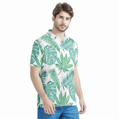 Palm and Monstera Leaf Green  Men's Aloha Polo Shirt