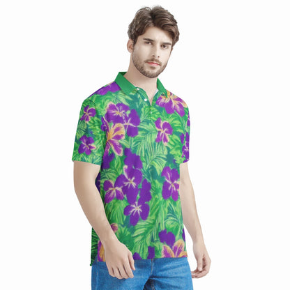 Blue Flag Iris on Green Men's All Over Print Polo Shirt - Luxtrini, LLC