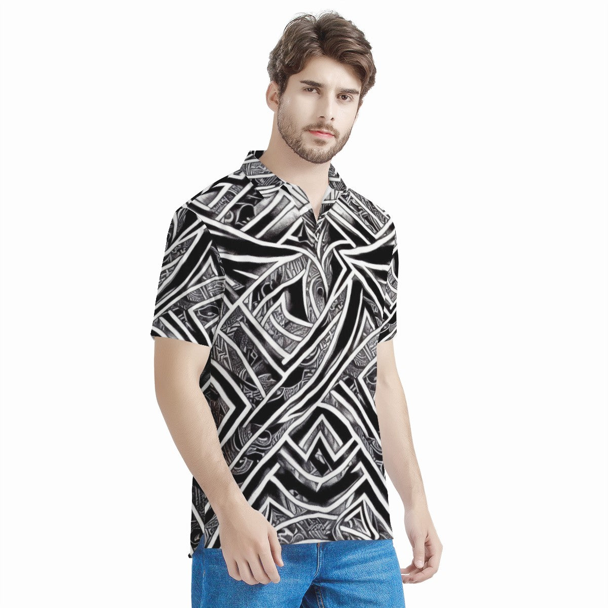 Black and White Polynesian Men's All Over Print Polo Shirt