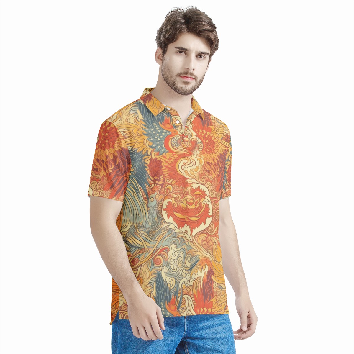 Experience the magic of ancient Chinese mythology with our exquisite Dragon and Phoenix Men's All Over Print Polo Shirt