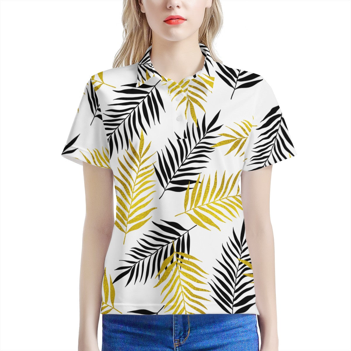 Black and Gold Palm Branches Women’s Aloha Polo Shirt