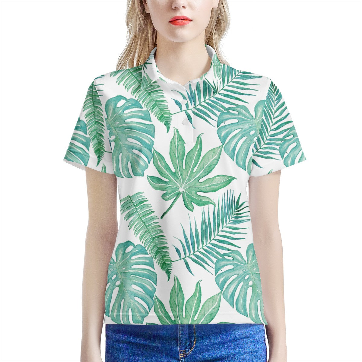 Palm and Monstera Leaf Green  Women’s Aloha Polo Shirt