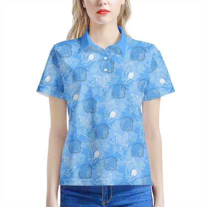 Blue Seashell Ocean Women’s Aloha Polo Shirt