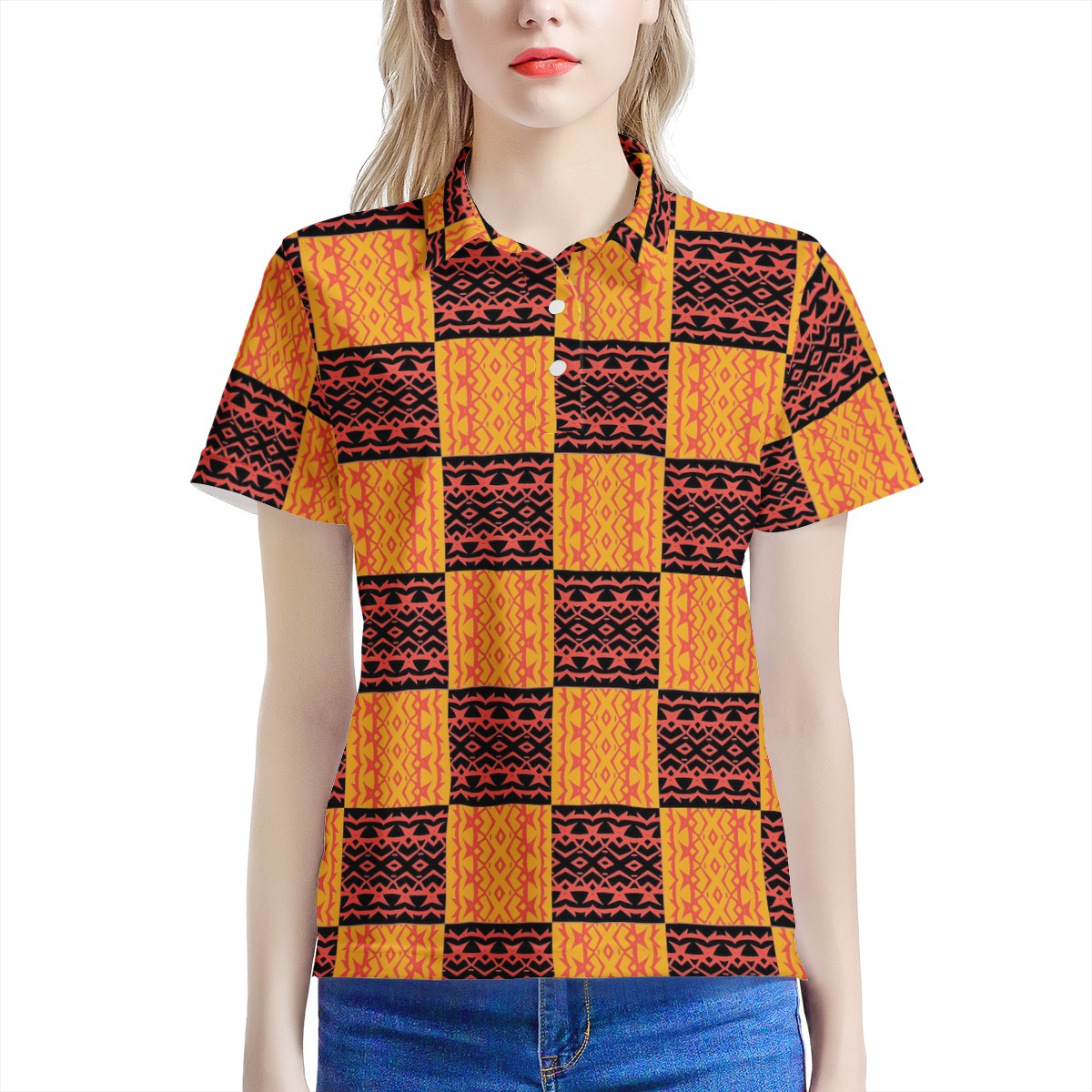 Black and Orange Tribal Design - Women’s Aloha Polo Shirt