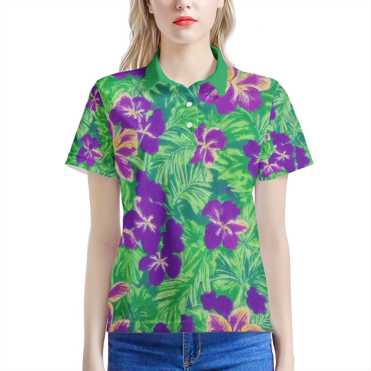 Blue Flag Iris on Green Women's All Over Print Polo Shirt - Luxtrini, LLC