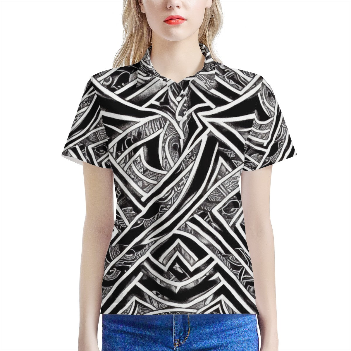 Black and White Polynesian Women's All Over Print Polo Shirt