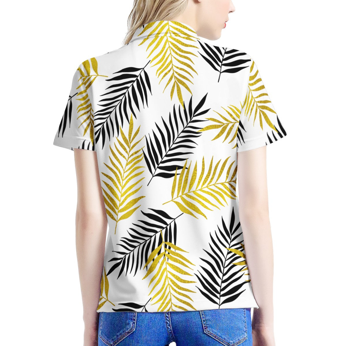 Black and Gold Palm Branches Women’s Aloha Polo Shirt