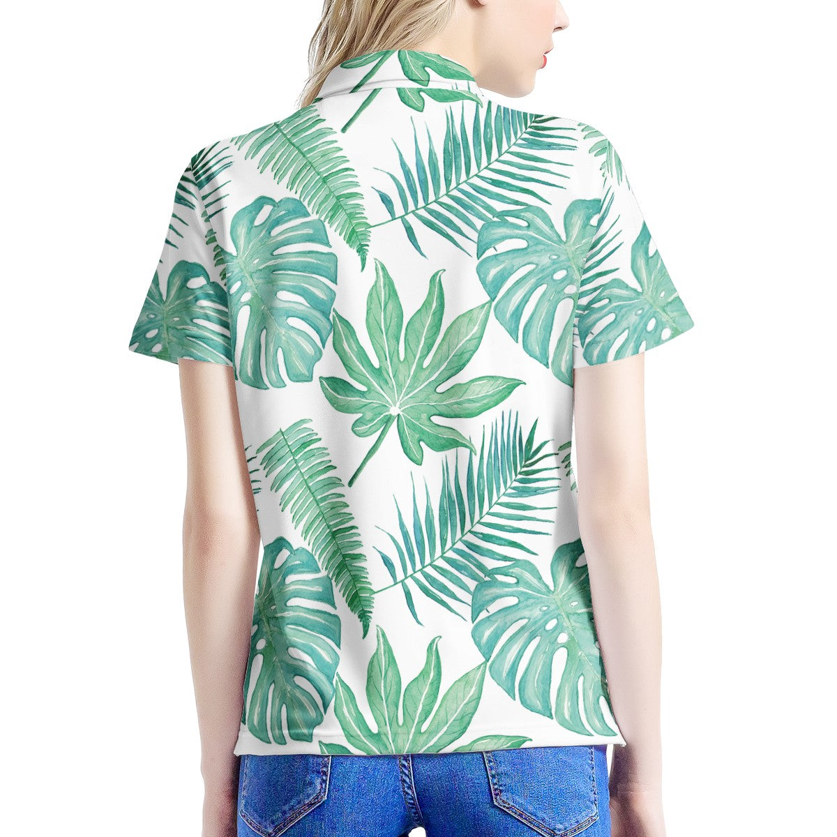 Palm and Monstera Leaf Green  Women’s Aloha Polo Shirt