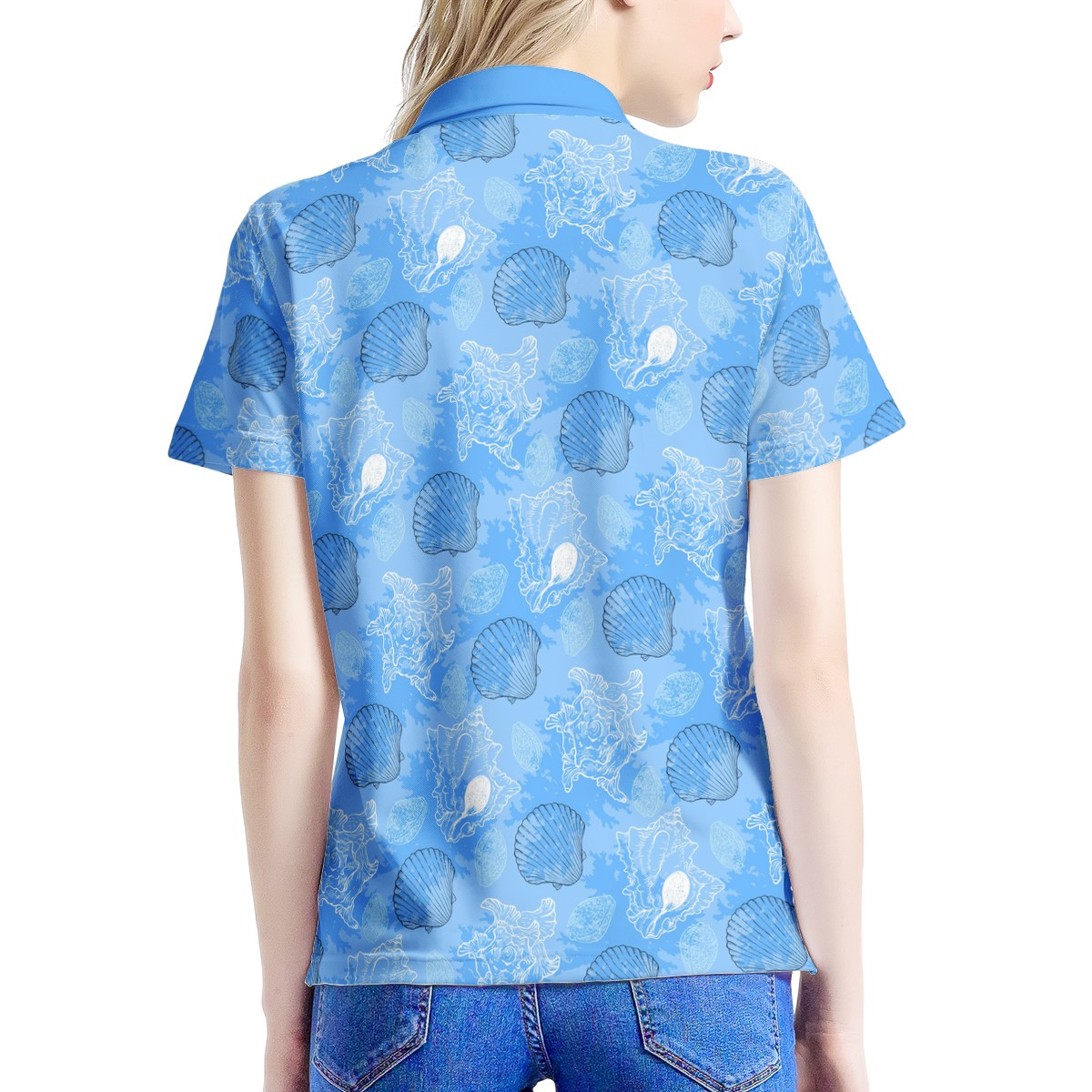 Blue Seashell Ocean Women’s Aloha Polo Shirt