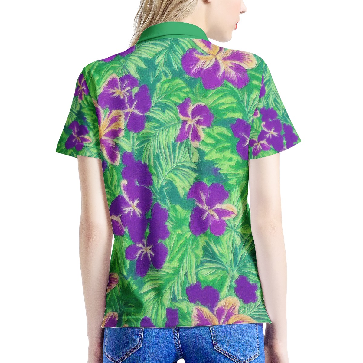 Blue Flag Iris on Green Women's All Over Print Polo Shirt - Luxtrini, LLC