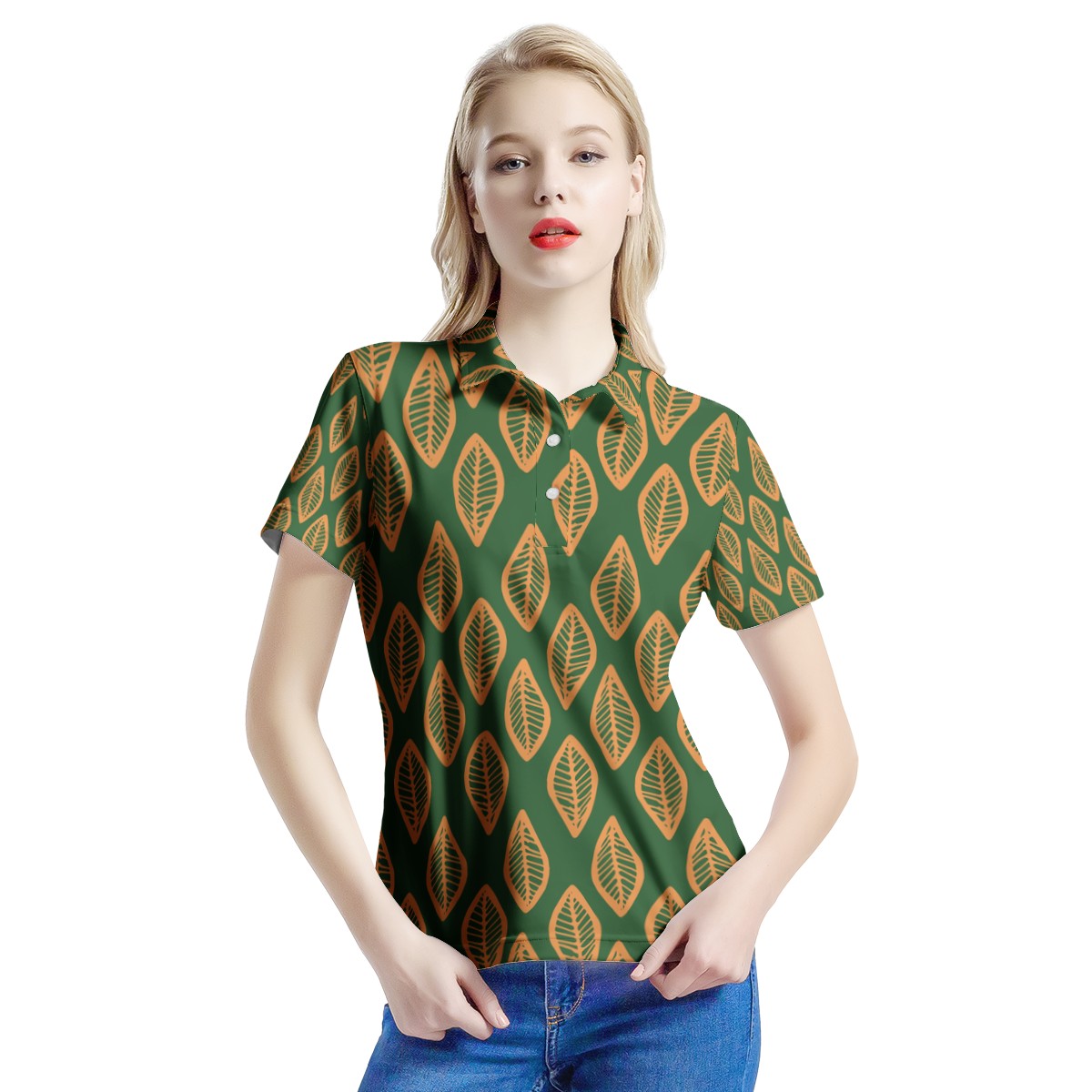 African | Ethnic | Mudcloth | #16 Green and Orange Women’s Aloha Polo Shirt