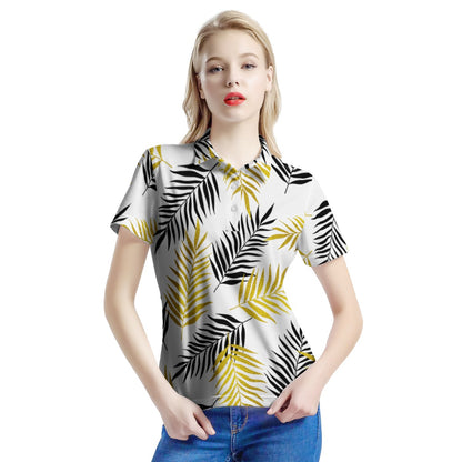 Black and Gold Palm Branches Women’s Aloha Polo Shirt