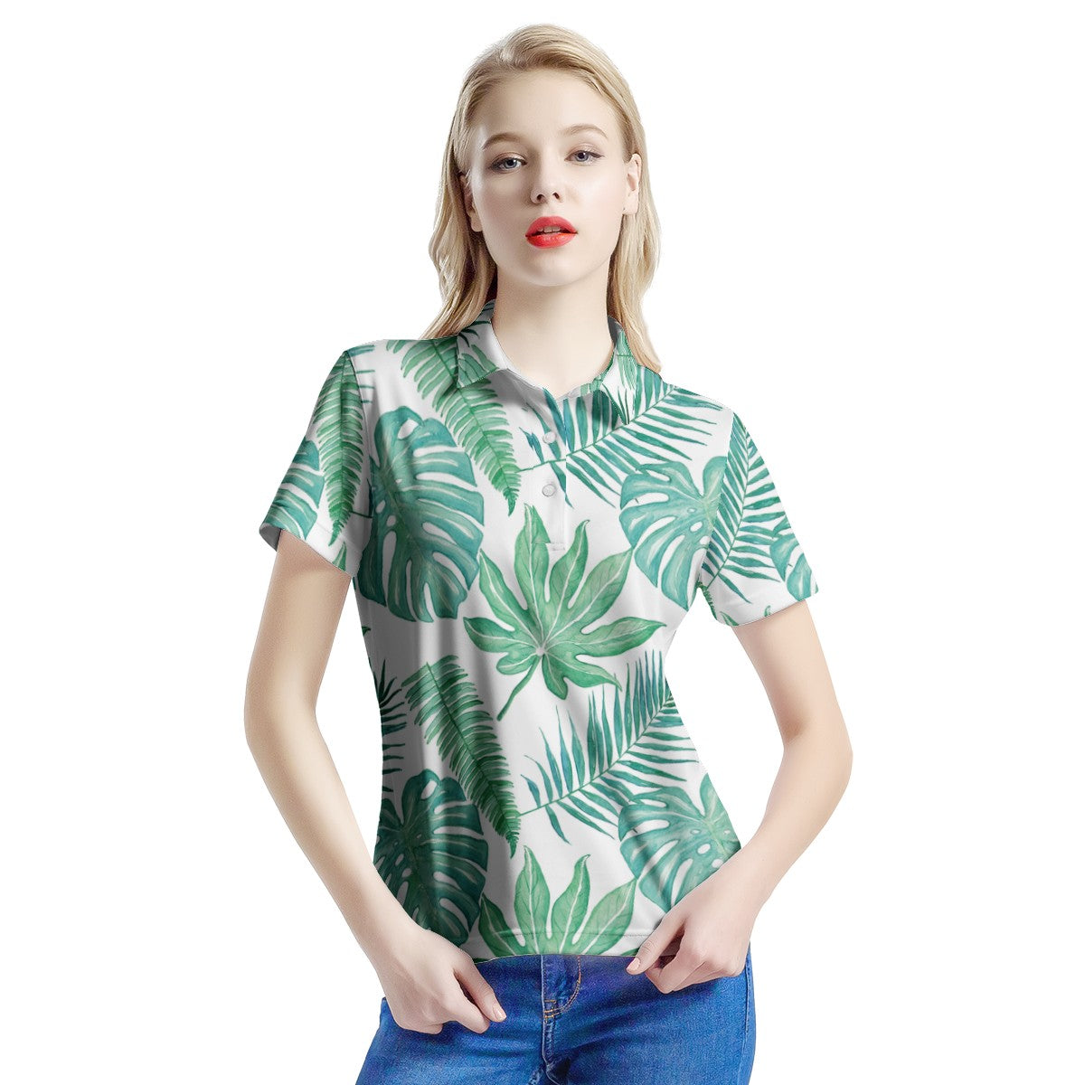 Palm and Monstera Leaf Green  Women’s Aloha Polo Shirt