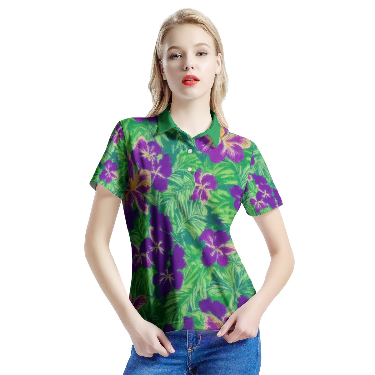 Blue Flag Iris on Green Women's All Over Print Polo Shirt - Luxtrini, LLC