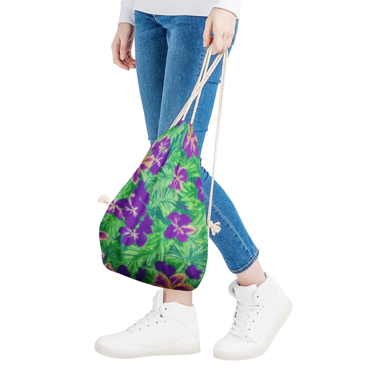 Blue Flag Iris on Green Drawstring Bags - Luxtrini, LLC