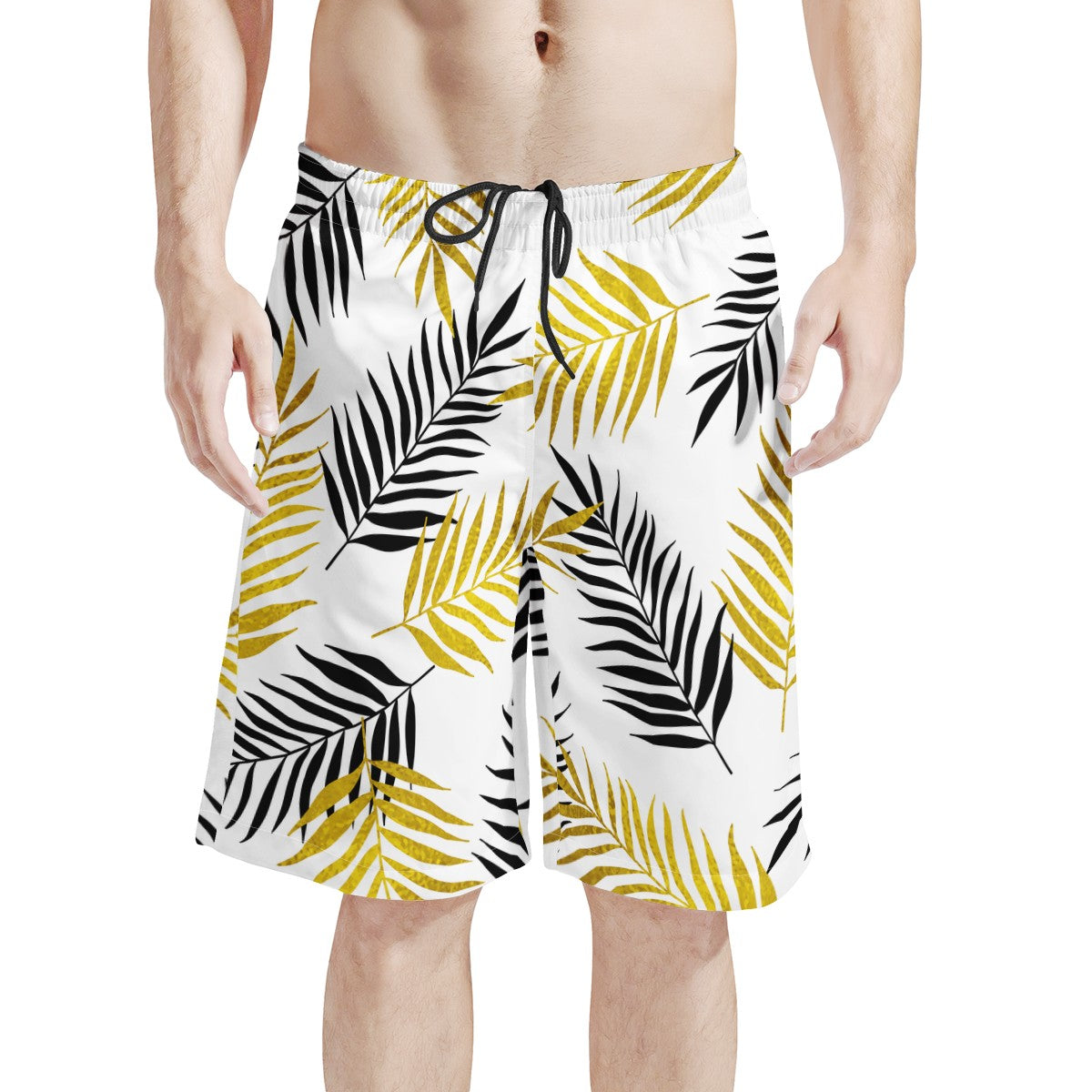 Men's All Over Print Board Shorts - Black and Gold Palm Branches - Luxtrini, LLC