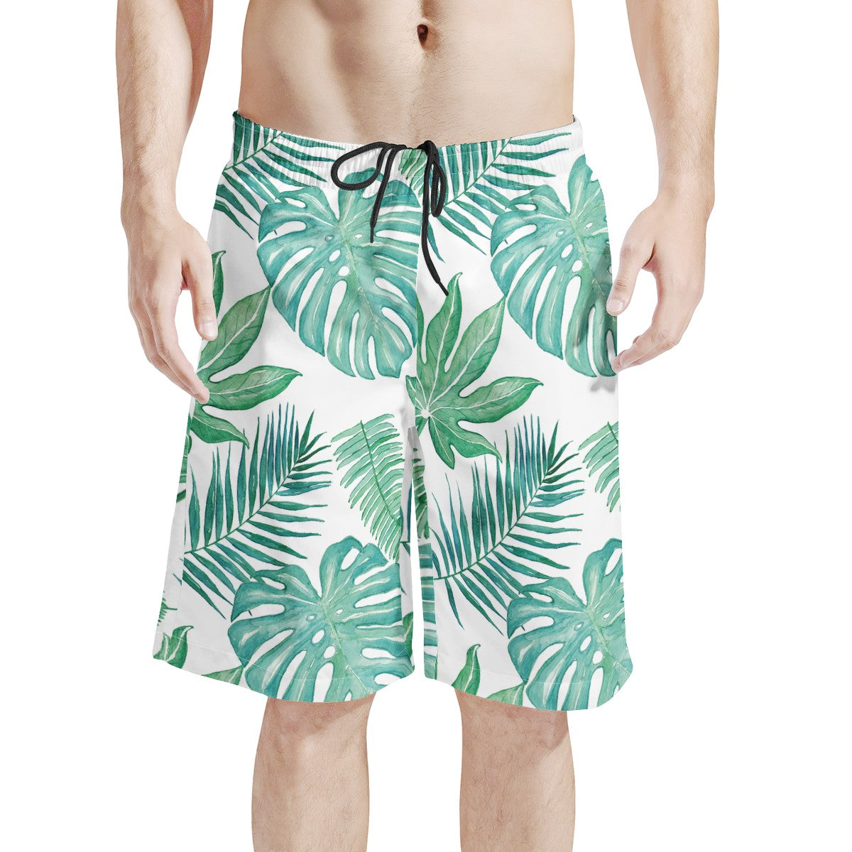 Men's All Over Print Board Shorts - Palm and Monstera Leaf Green - Luxtrini, LLC