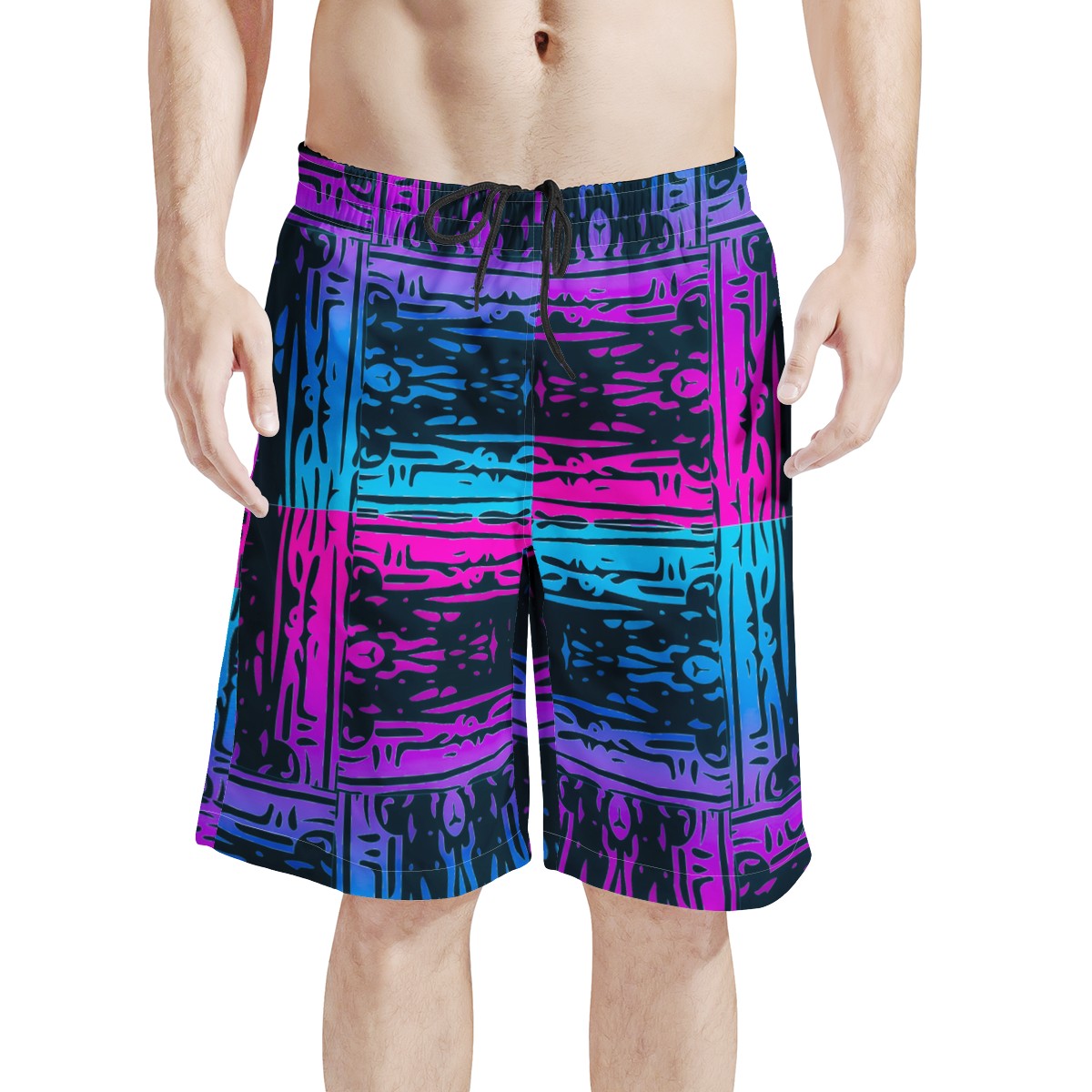 Men's All Over Print Board Shorts - San Marcos Plaid Blue and Purple - Luxtrini, LLC