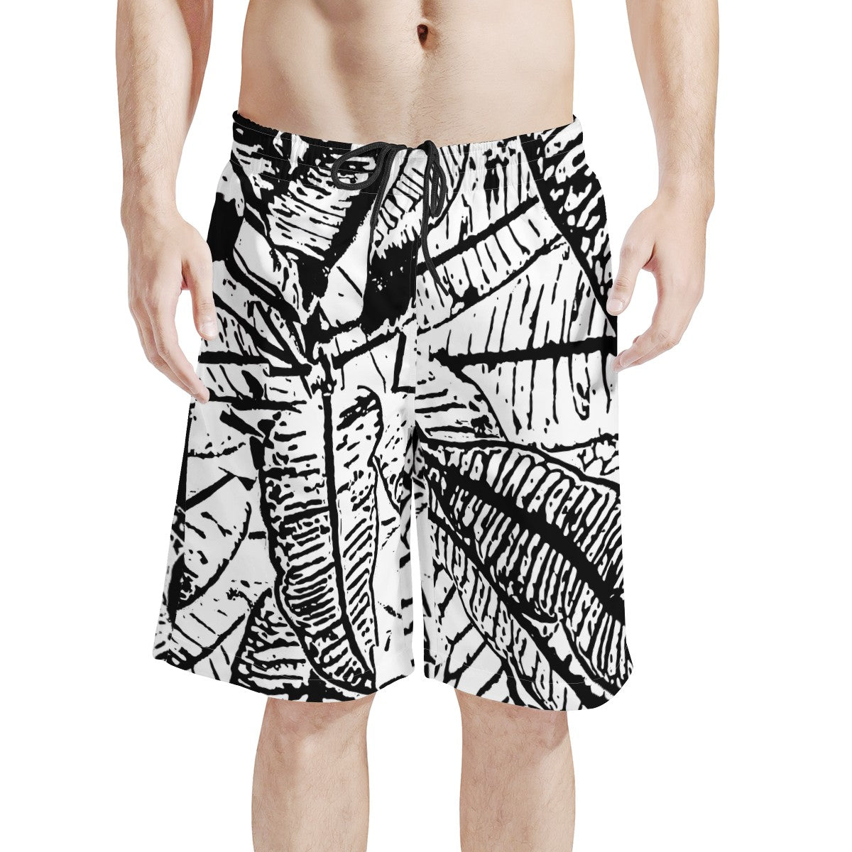 Men's All Over Print Board Shorts - Black and White Croton - Luxtrini, LLC