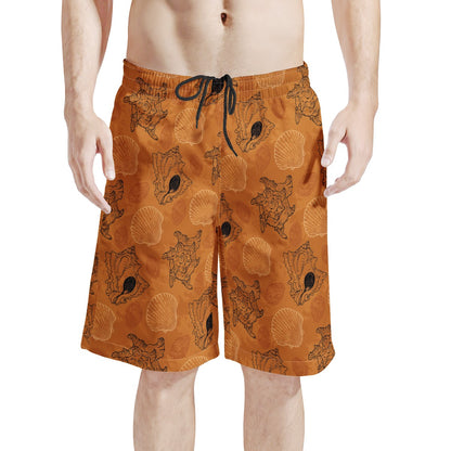 Men's All Over Print Board Shorts - Sea Shell Ocean Design in Orange - Luxtrini, LLC