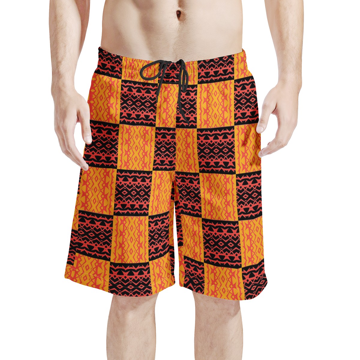 Men's All Over Print Board Shorts - Black and Orange Tribal Design - Luxtrini, LLC