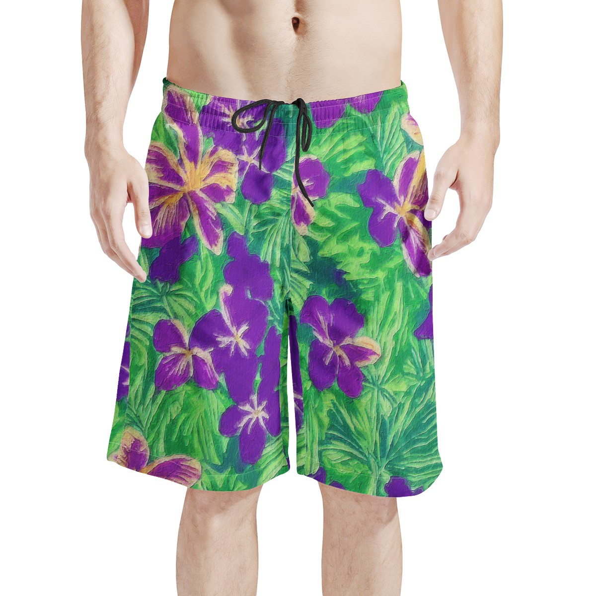 Blue Flag Iris on Green Men's All Over Print Board Shorts - Luxtrini, LLC