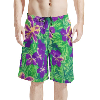 Blue Flag Iris on Green Men's All Over Print Board Shorts - Luxtrini, LLC