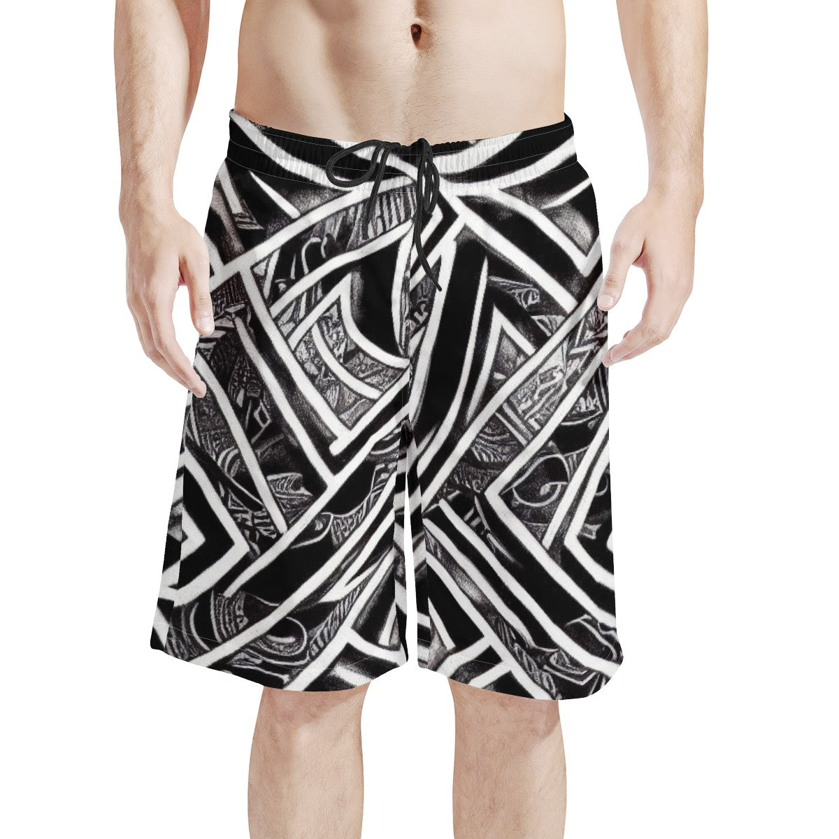 Black and White Polynesian Men's All Over Print Board Shorts