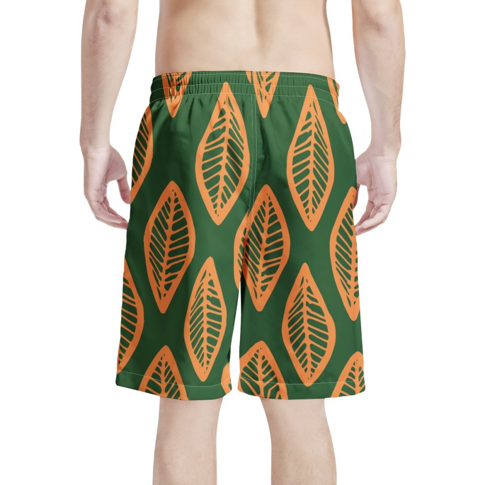 Men's All Over Print Board Shorts - African Mud Cloth #16 Green and Orange - Luxtrini, LLC