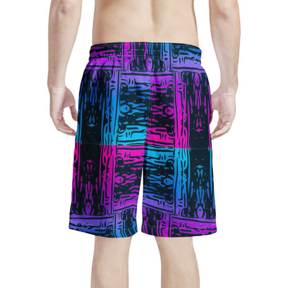 Men's All Over Print Board Shorts - San Marcos Plaid Blue and Purple - Luxtrini, LLC