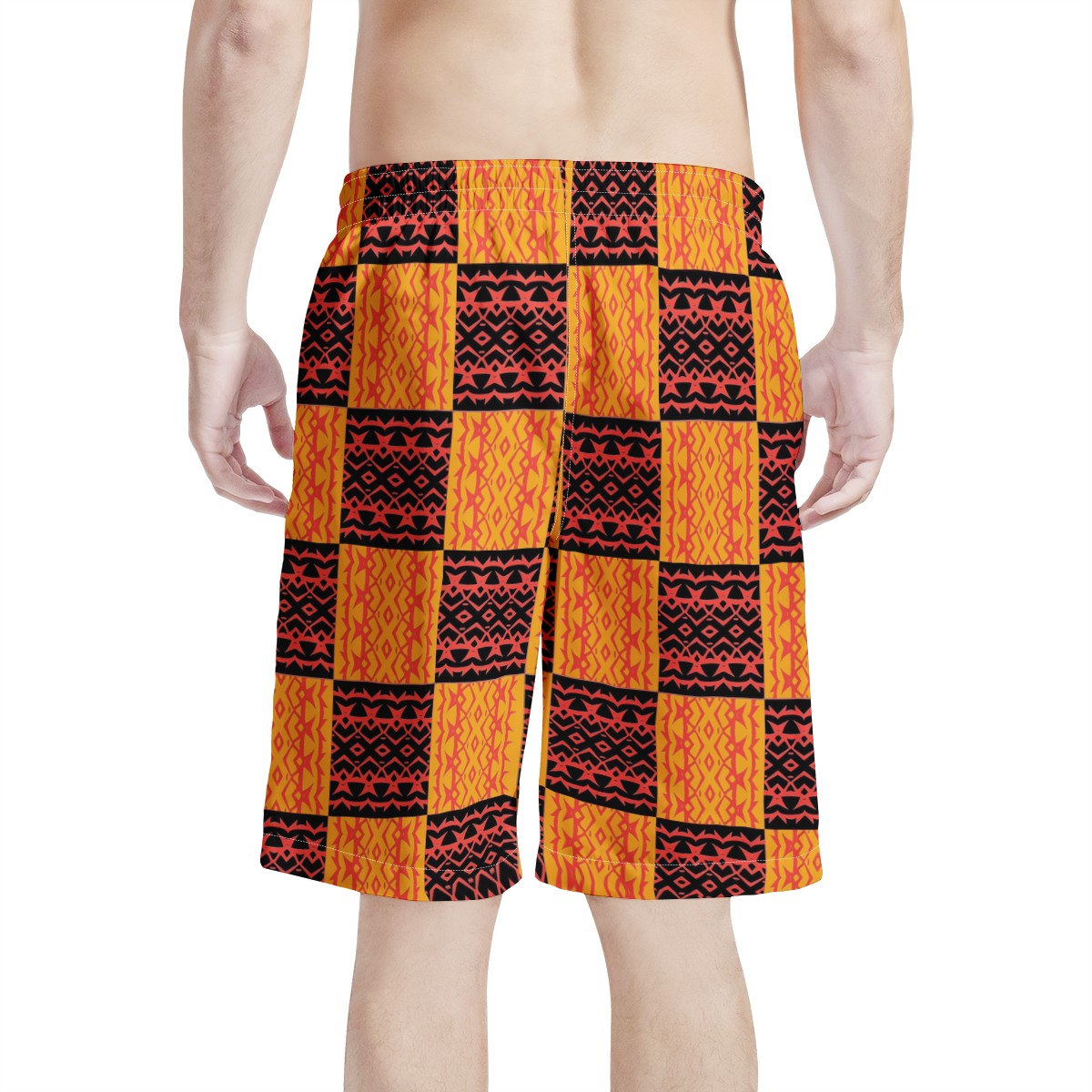 Men's All Over Print Board Shorts - Black and Orange Tribal Design - Luxtrini, LLC