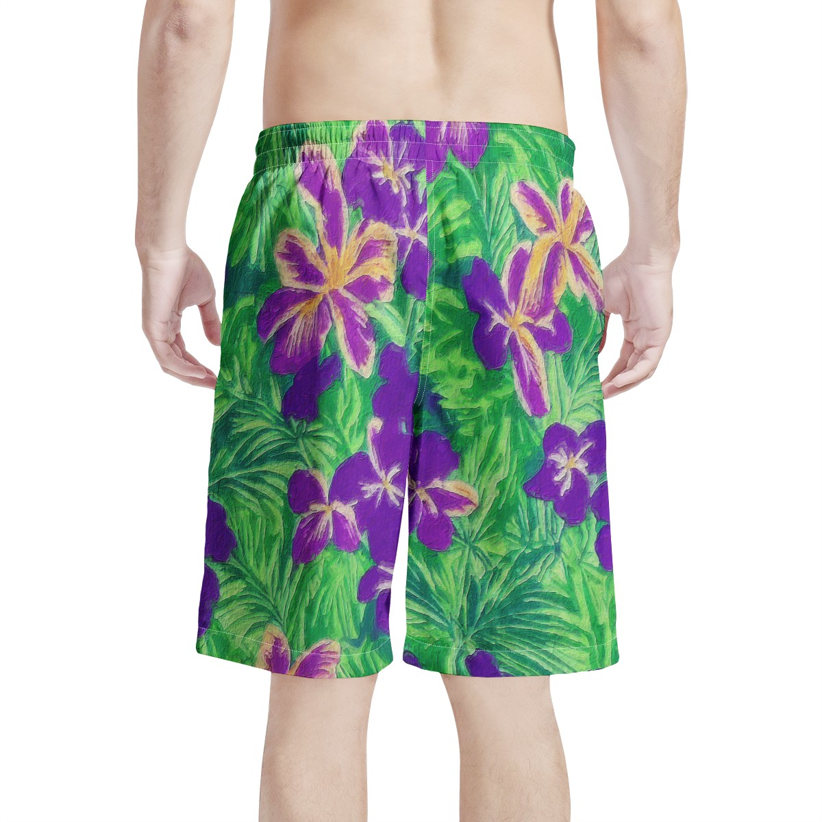 Blue Flag Iris on Green Men's All Over Print Board Shorts - Luxtrini, LLC