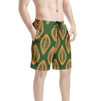 Men's All Over Print Board Shorts - African Mud Cloth #16 Green and Orange - Luxtrini, LLC