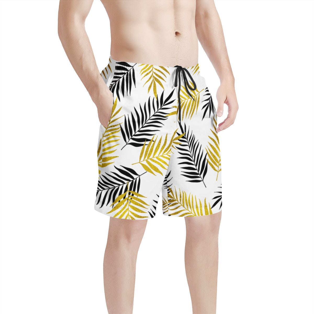 Men's All Over Print Board Shorts - Black and Gold Palm Branches - Luxtrini, LLC