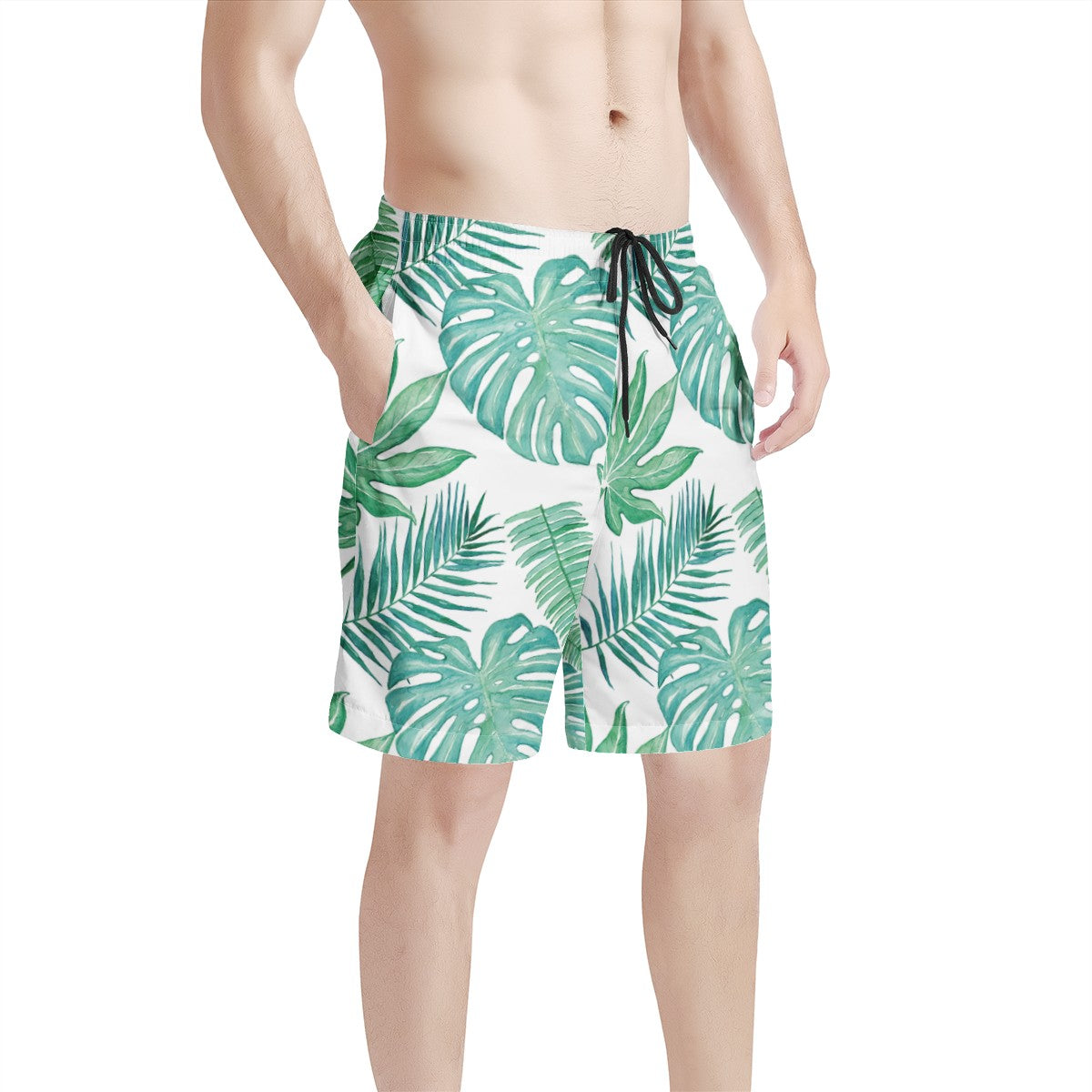 Men's All Over Print Board Shorts - Palm and Monstera Leaf Green - Luxtrini, LLC