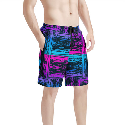 Men's All Over Print Board Shorts - San Marcos Plaid Blue and Purple - Luxtrini, LLC